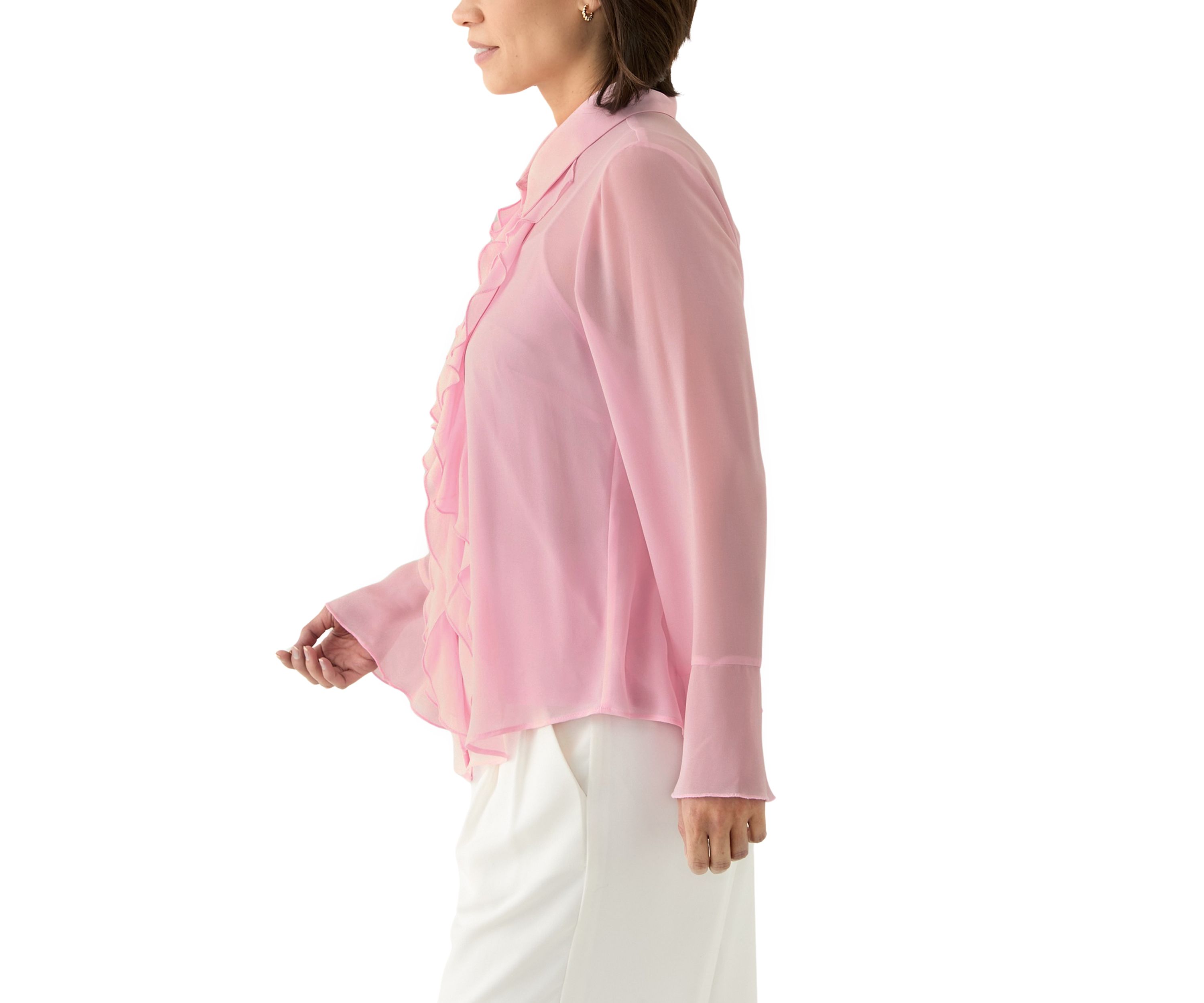 Petite Long Sleeve Button Front Ruffle Blouse