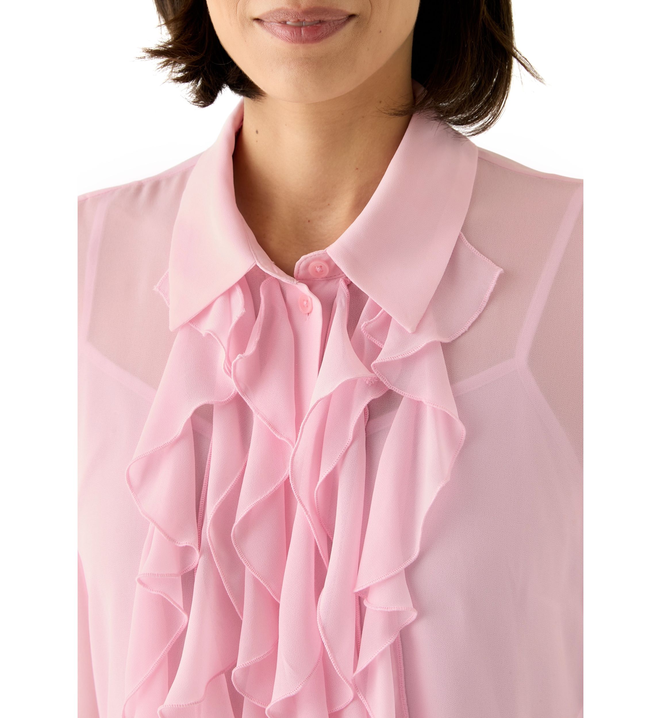 Petite Long Sleeve Button Front Ruffle Blouse