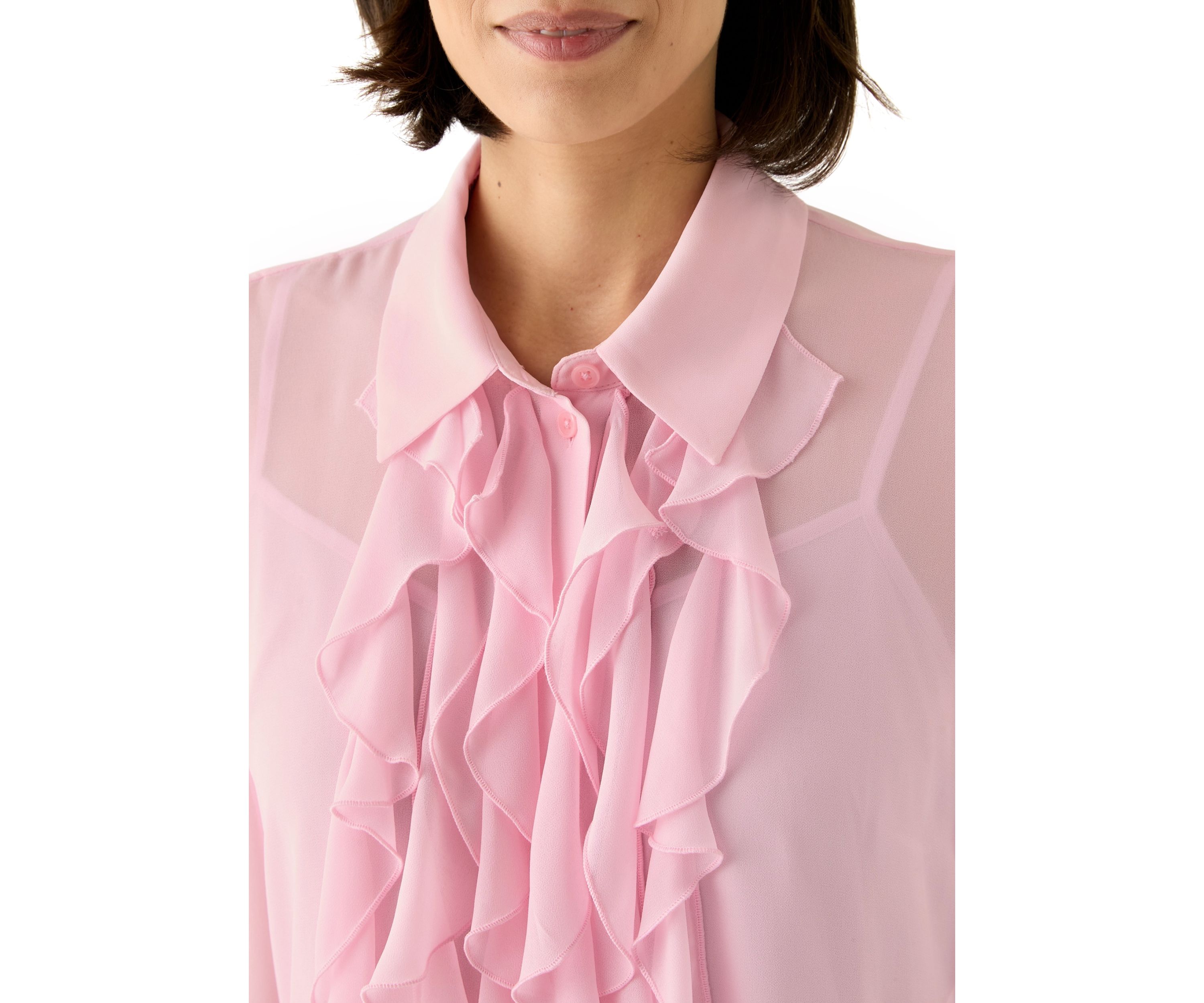 Petite Long Sleeve Button Front Ruffle Blouse