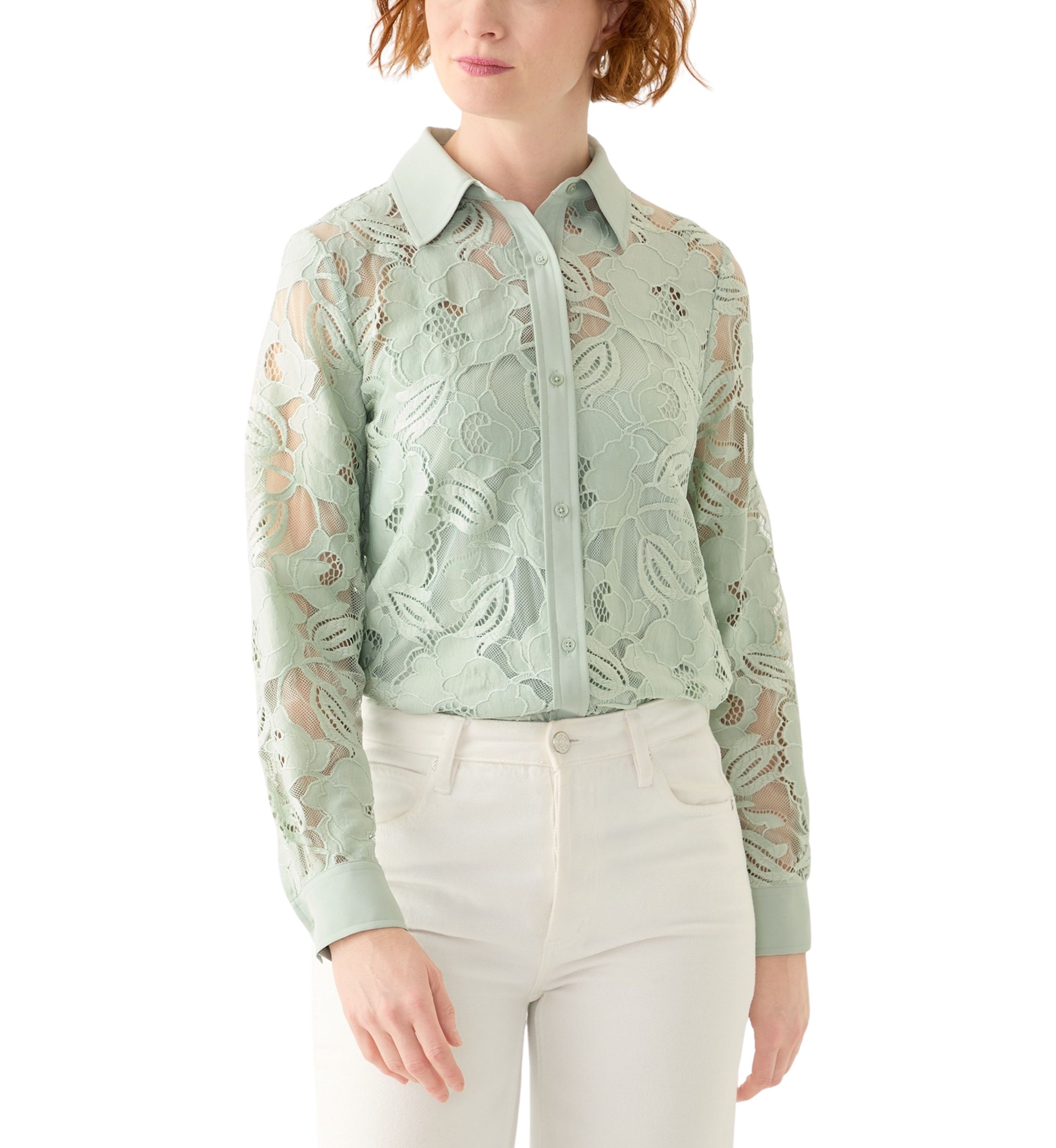 Petite Long Sleeve Button Down Lace Top 