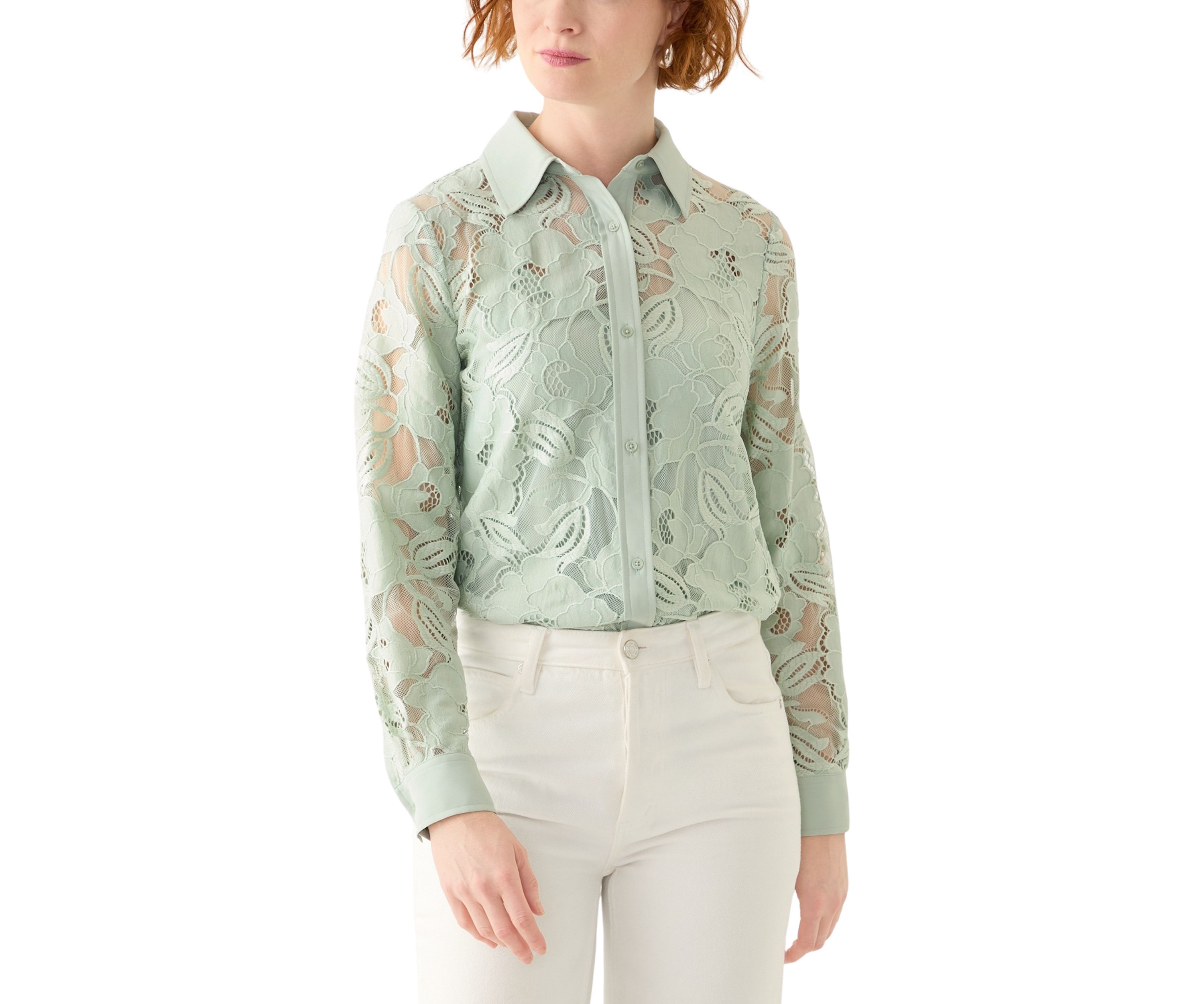Petite Long Sleeve Button Down Lace Top 