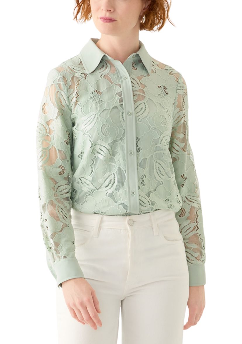 Petite Long Sleeve Button Down Lace Top 