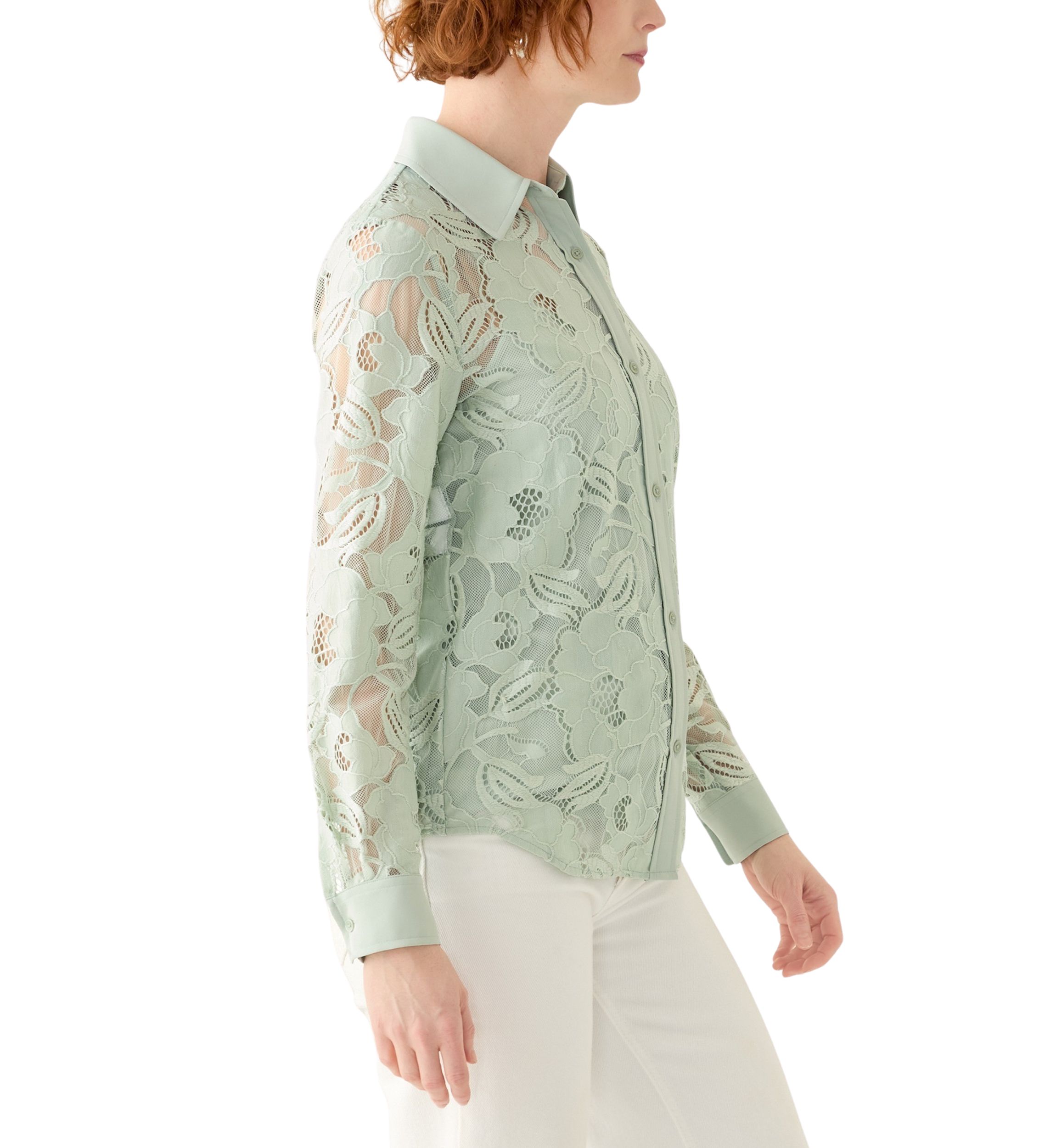Petite Long Sleeve Button Down Lace Top 