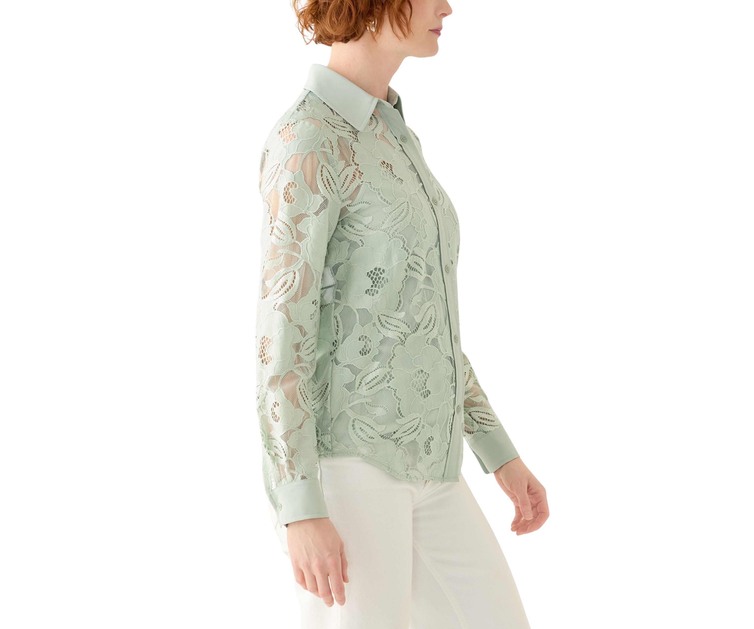Petite Long Sleeve Button Down Lace Top 