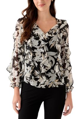 Anne Klein Women's Tie Neck Long Sleeve Ruffle Blouse