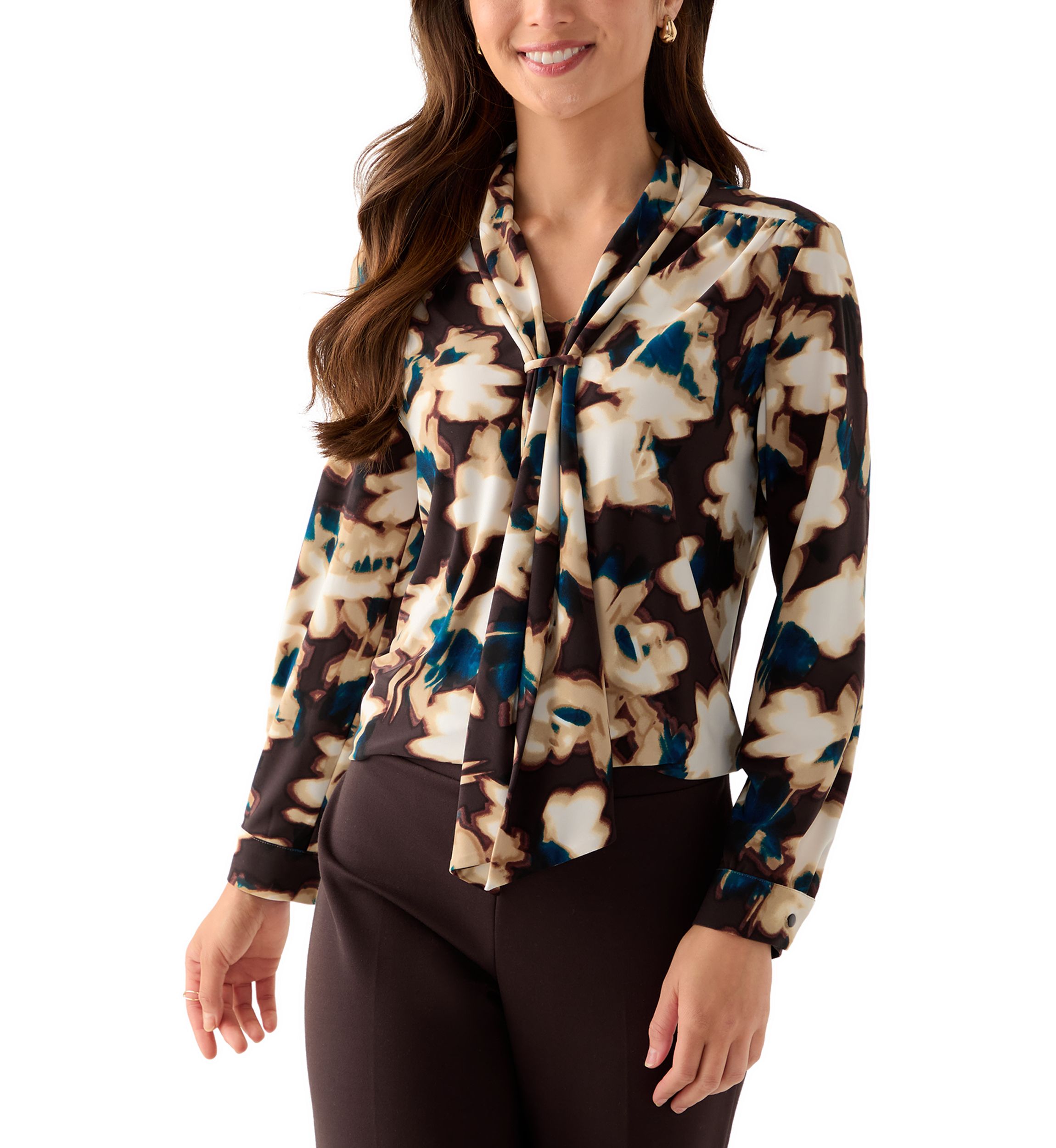 Womens Long Sleeve Deep Mahogany Multi Top with Tie Front