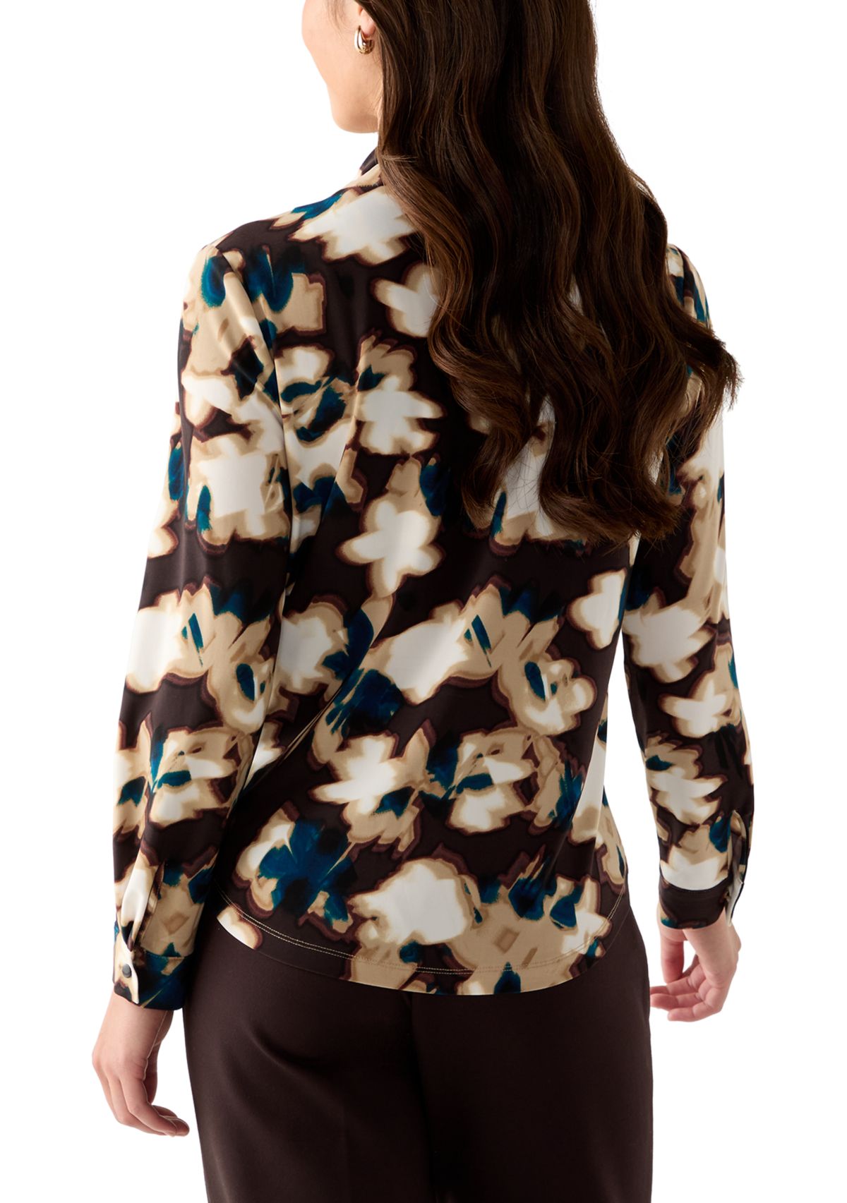 Womens Long Sleeve Deep Mahogany Multi Top with Tie Front