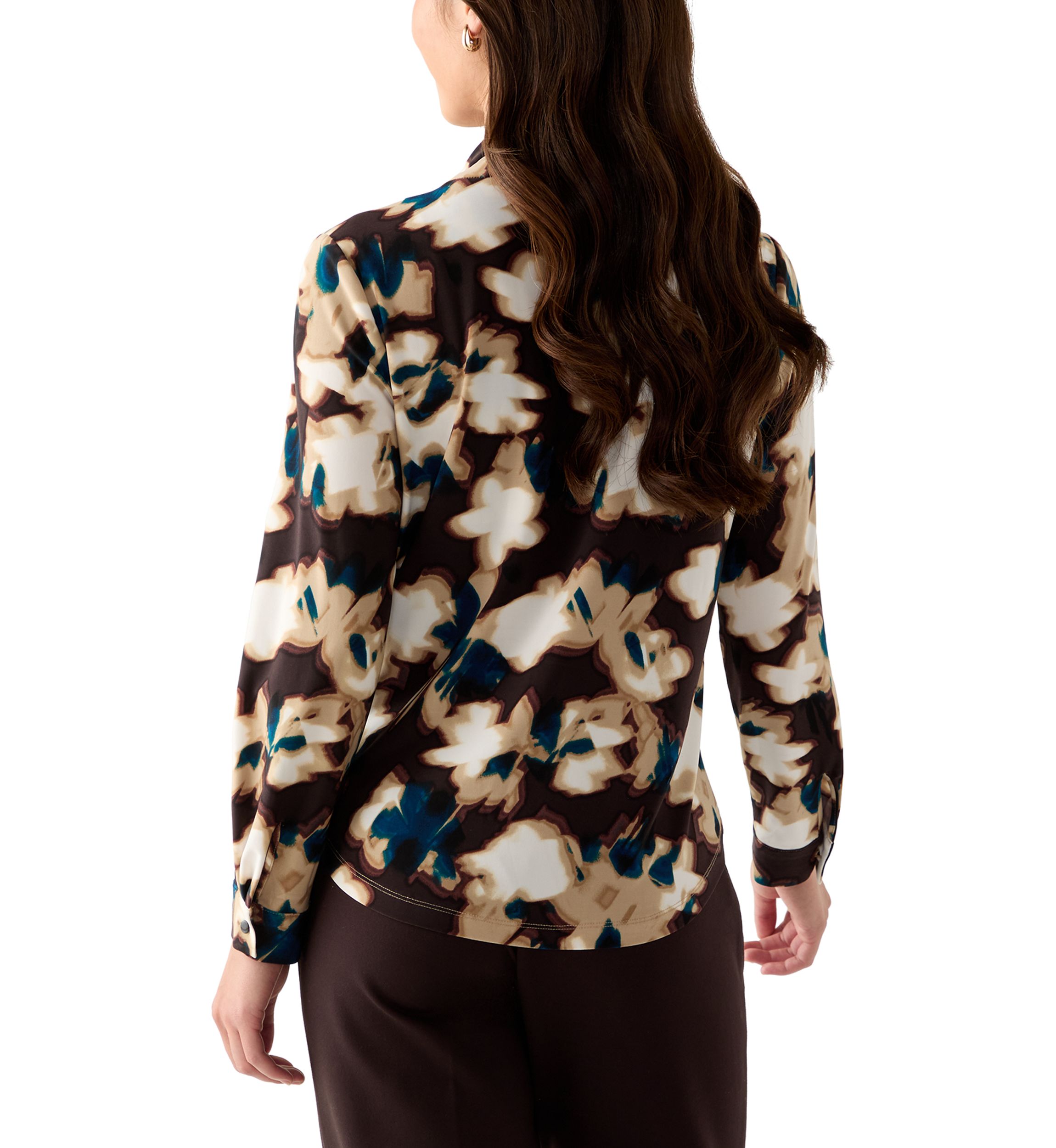 Womens Long Sleeve Deep Mahogany Multi Top with Tie Front