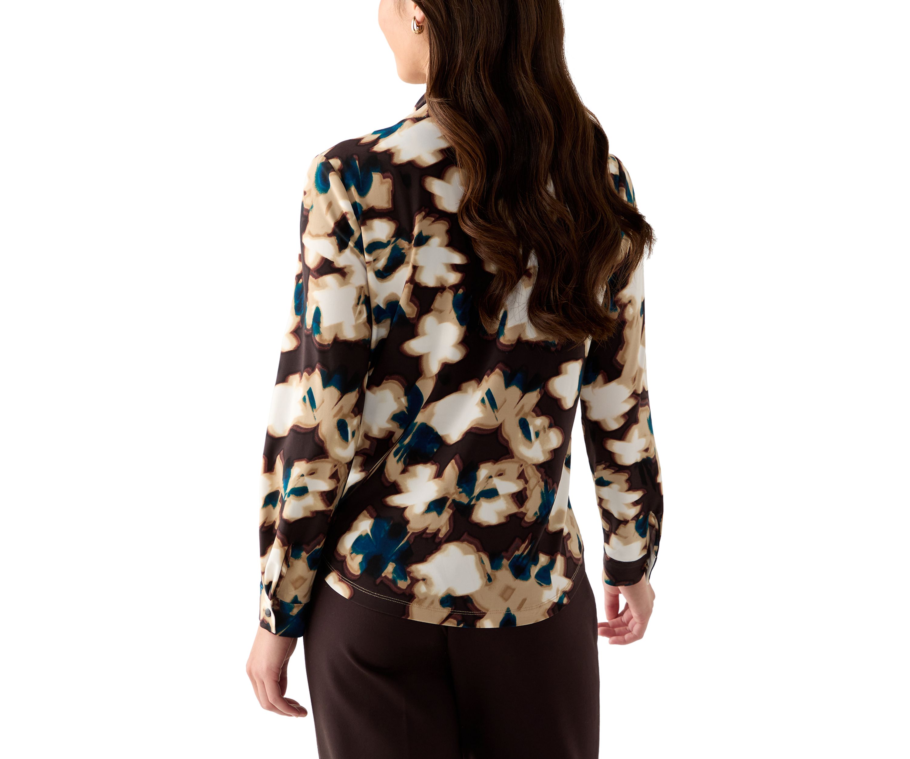 Womens Long Sleeve Deep Mahogany Multi Top with Tie Front