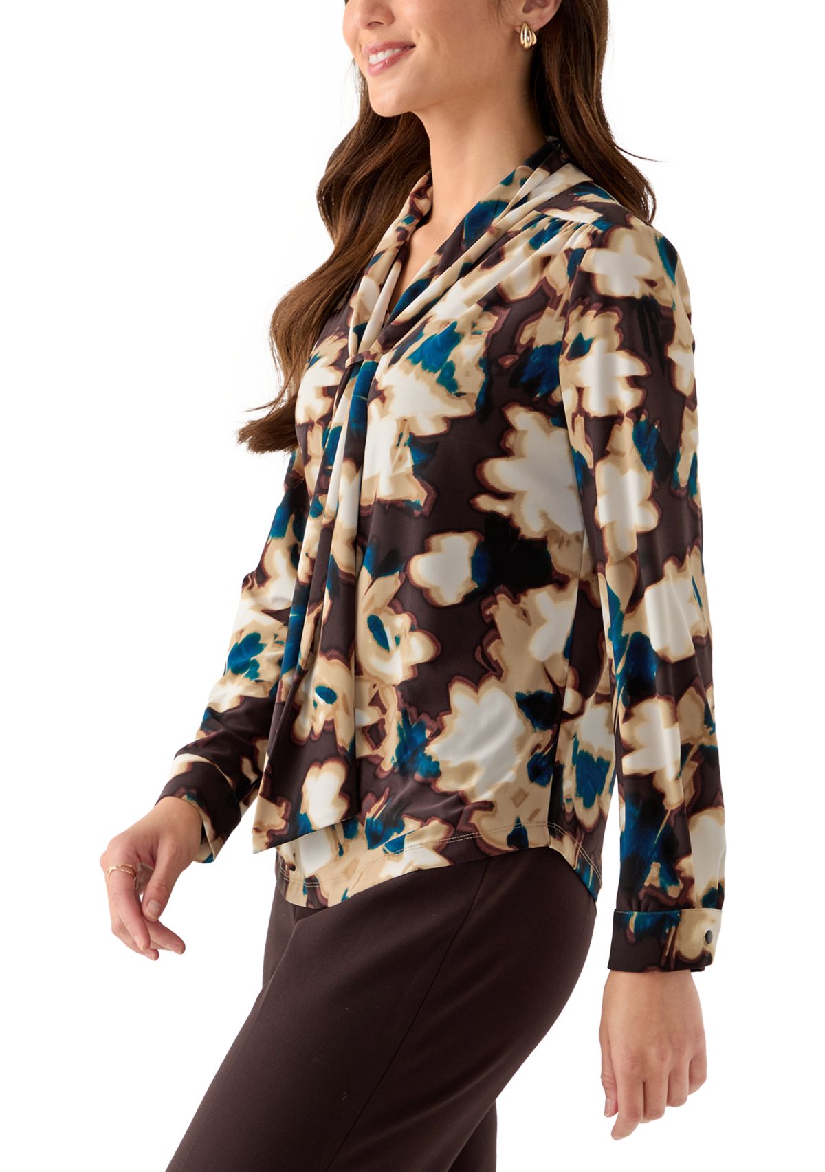 Womens Long Sleeve Deep Mahogany Multi Top with Tie Front