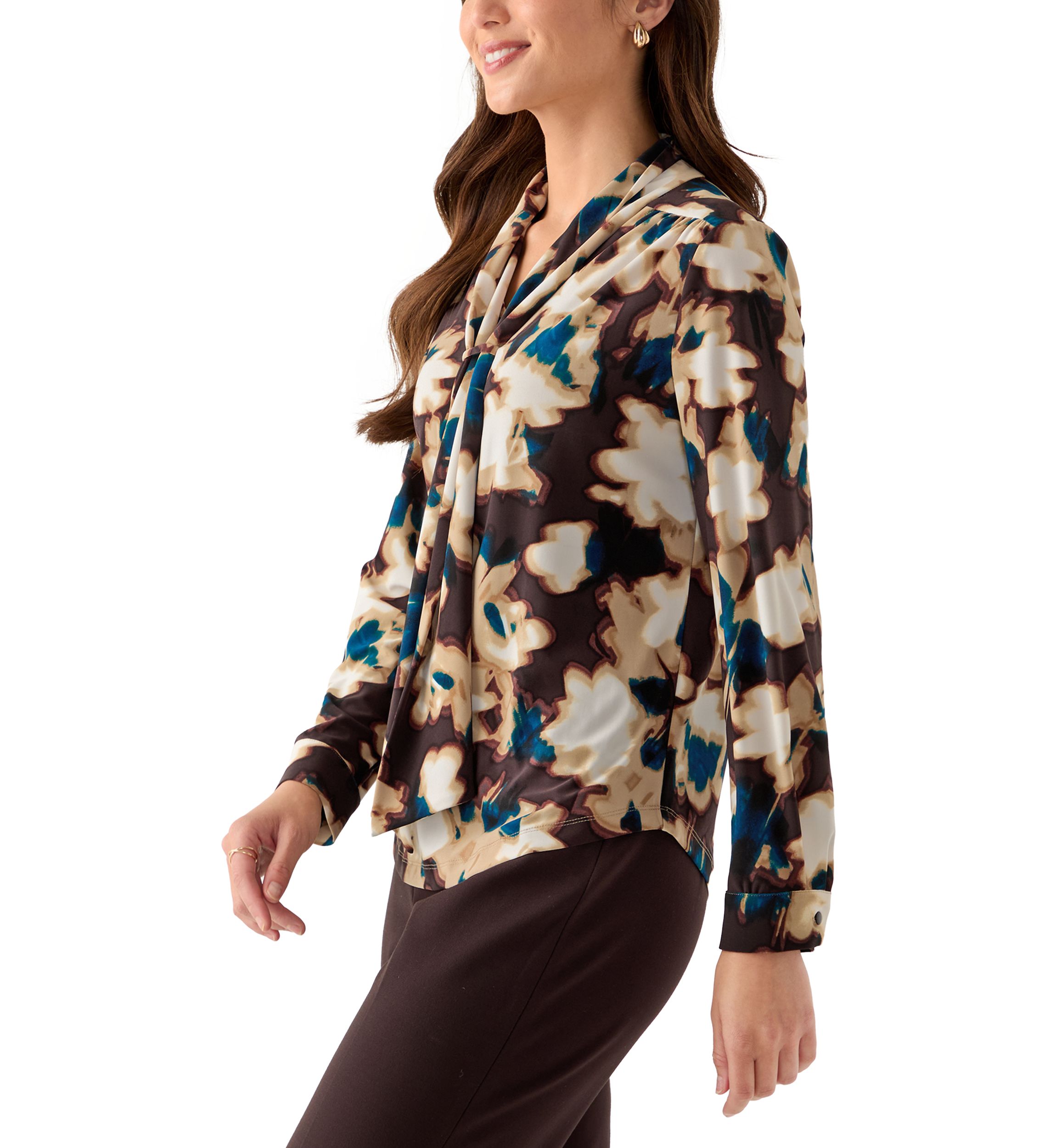 Womens Long Sleeve Deep Mahogany Multi Top with Tie Front