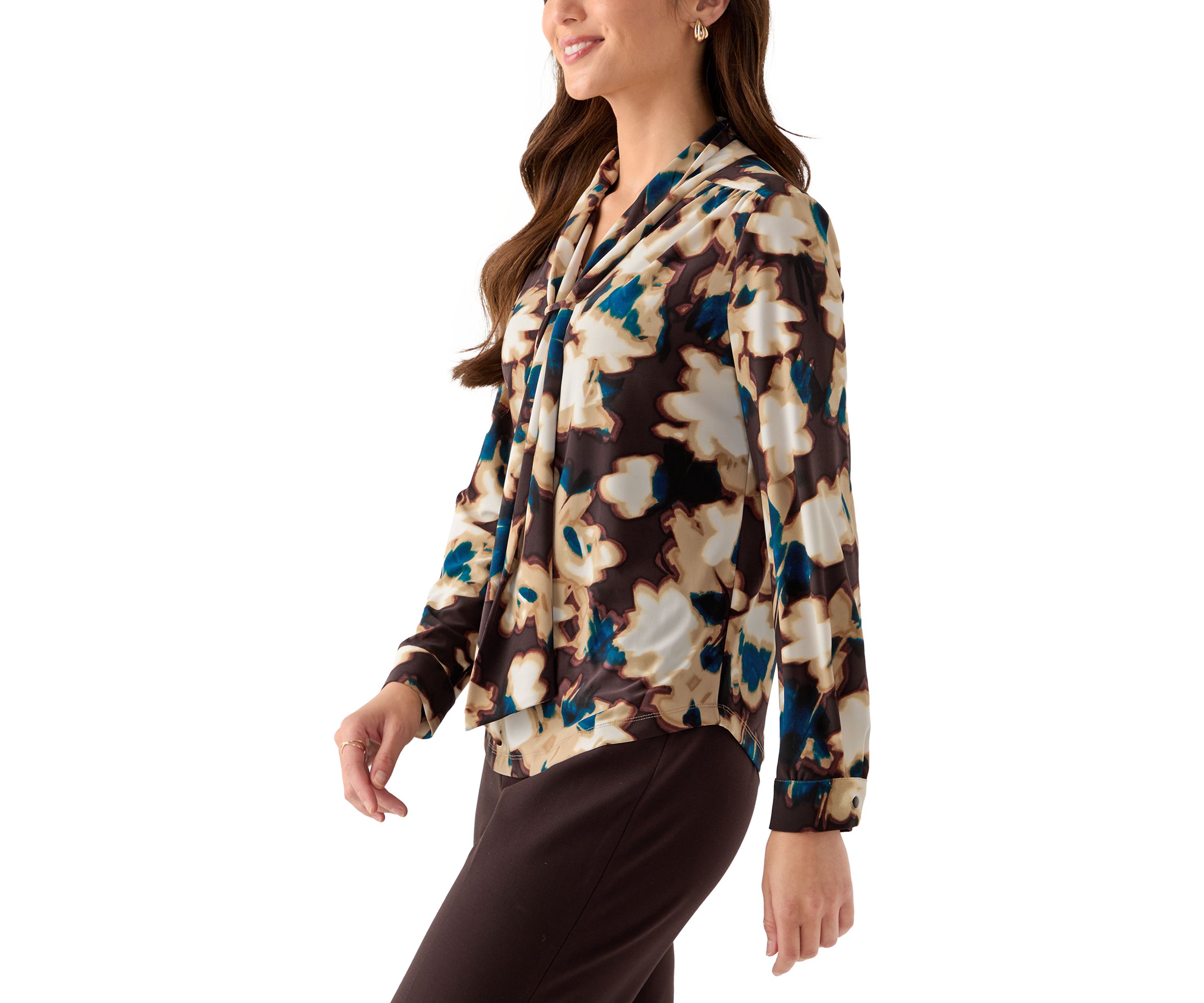 Womens Long Sleeve Deep Mahogany Multi Top with Tie Front