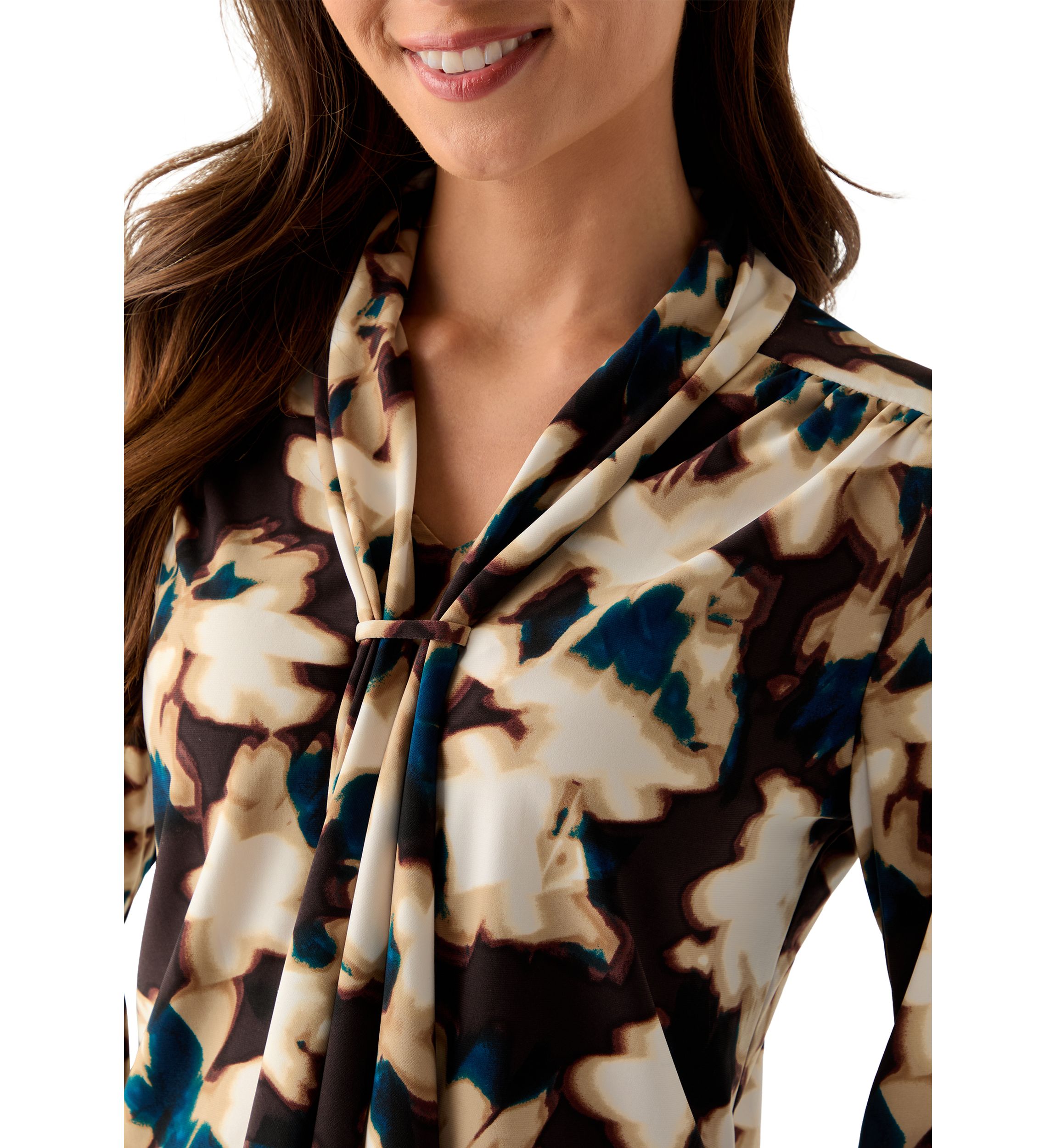 Womens Long Sleeve Deep Mahogany Multi Top with Tie Front