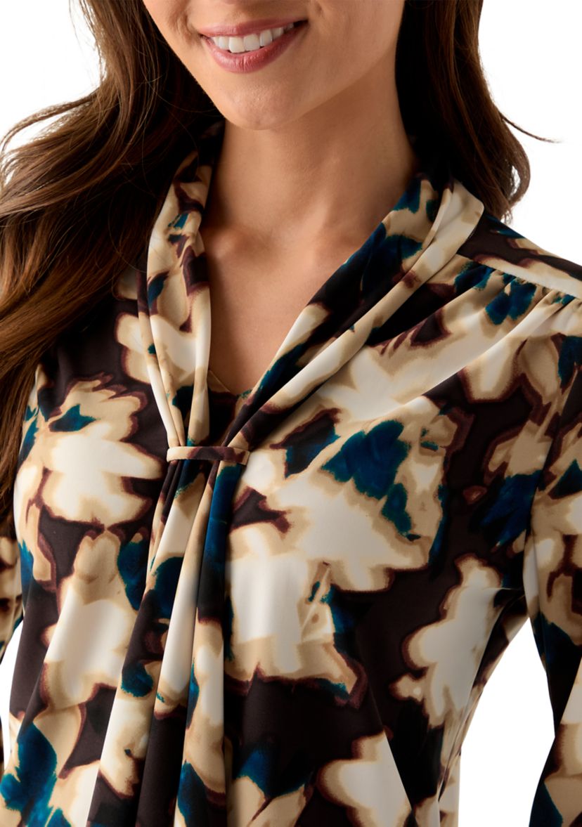Womens Long Sleeve Deep Mahogany Multi Top with Tie Front