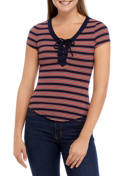 Almost Famous Juniors Stripe Lace Up Top