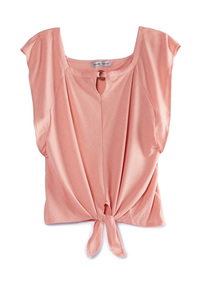 Plus Size Butterfly Sleeve Knot Front Woven Top