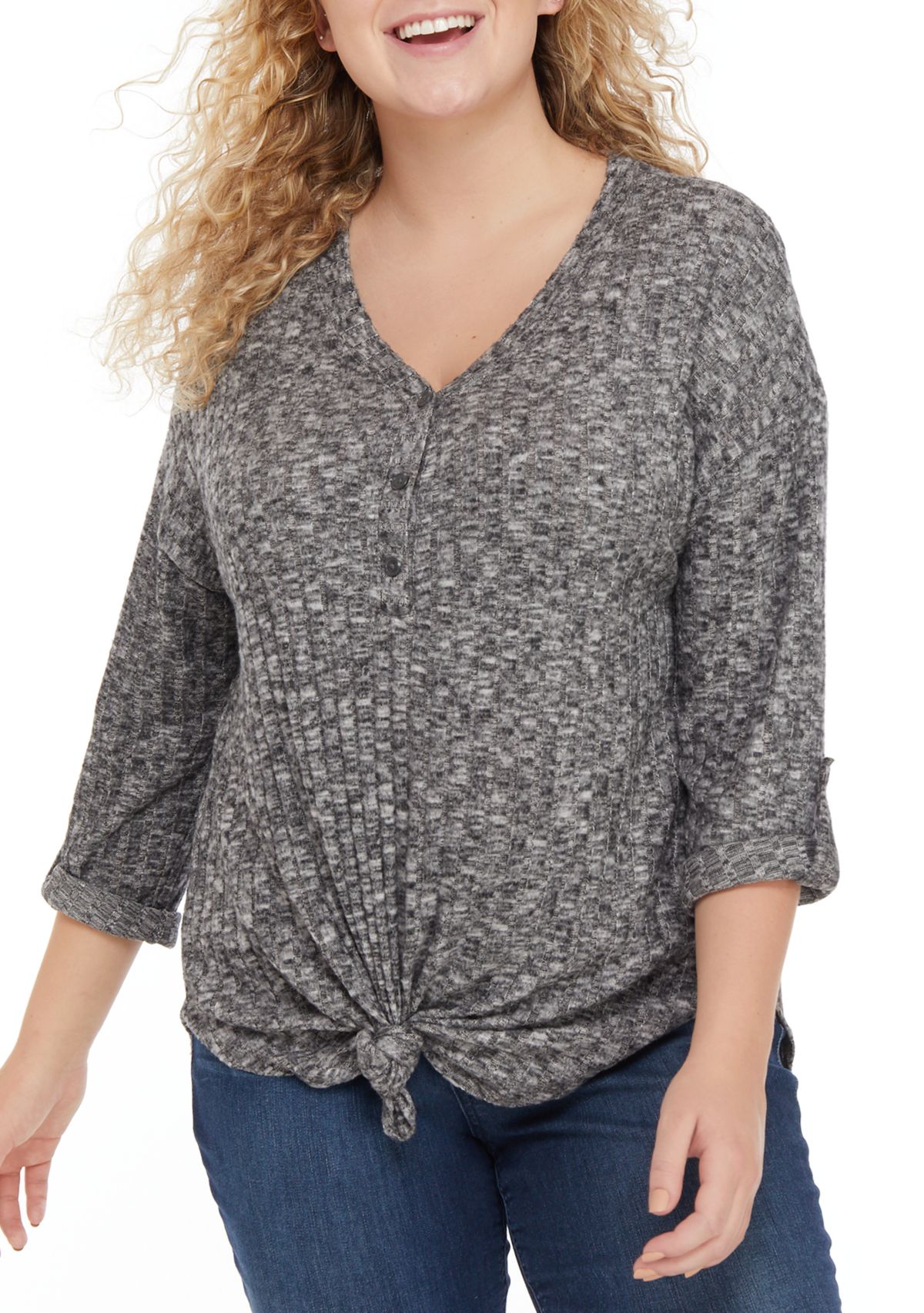 Plus Size Roll Tab Sleeve Henley Neck High Low Top