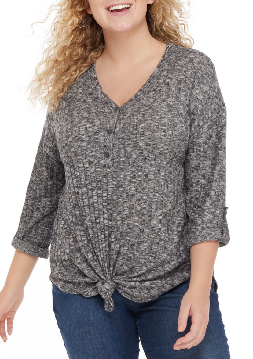 Plus Size Roll Tab Sleeve Henley Neck High Low Top