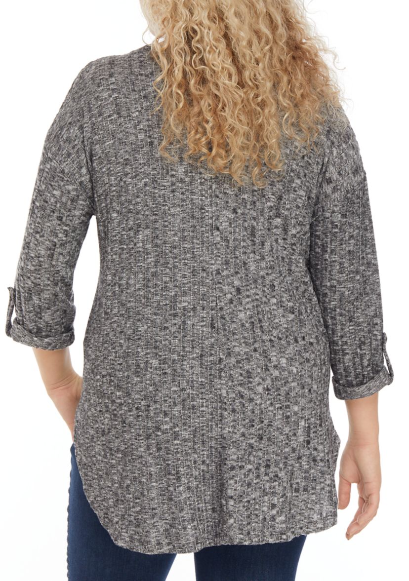 Plus Size Roll Tab Sleeve Henley Neck High Low Top