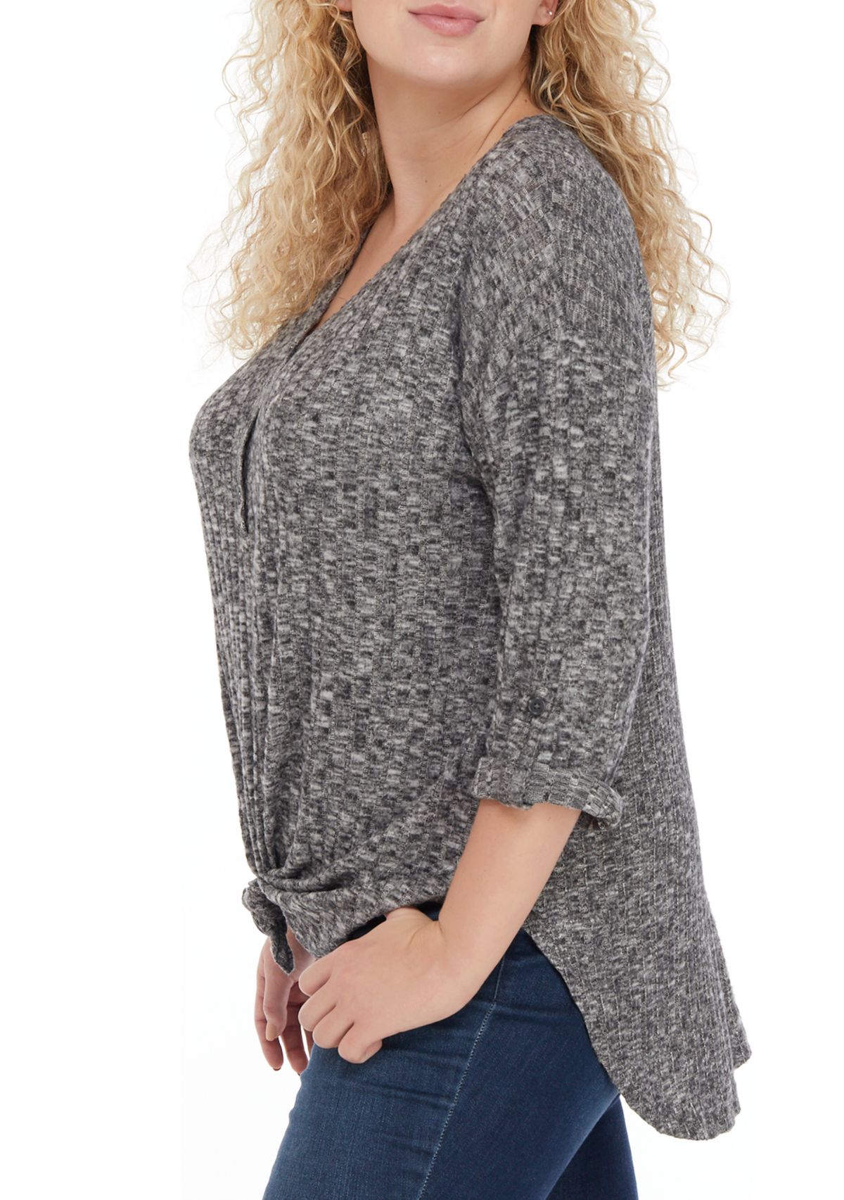 Plus Size Roll Tab Sleeve Henley Neck High Low Top