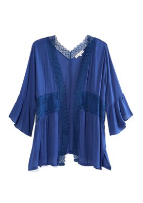 Almost Famous Plus Size Lace Trim Ruffle Kimono | belk