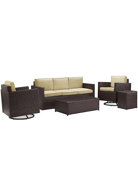 Palm Harbor KO70057BR-SA 5Pc Outdoor Wicker Sofa Set Sand/Brown - Sofa Side Table Coffee Table & 2 Swivel Chairs