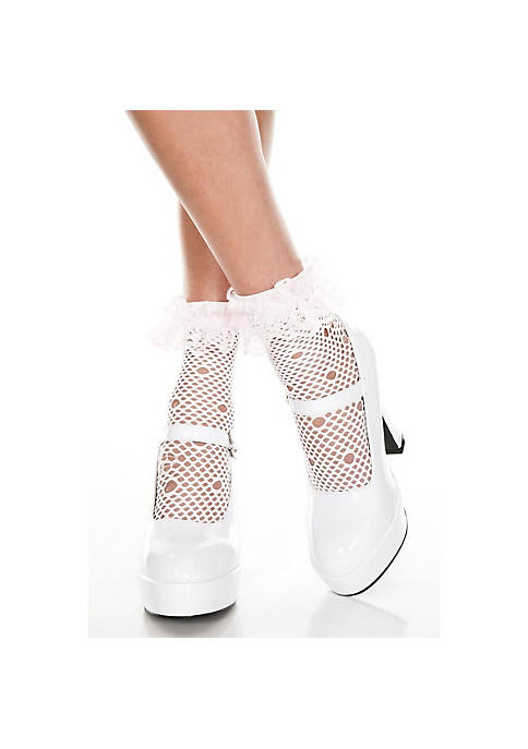 Music Legs 517-BABY PINK Net Pattern Anklet Socks with Ruffle Trim - Baby Pink - One Size