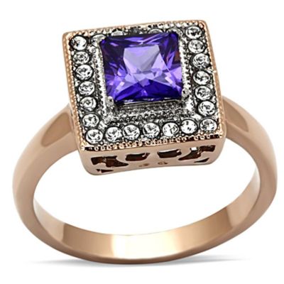 Precious Stone Women Two-Tone Ip Rose Gold Stainless Steel Ring With Aaa Grade Cz In Tanzanite - Size 9