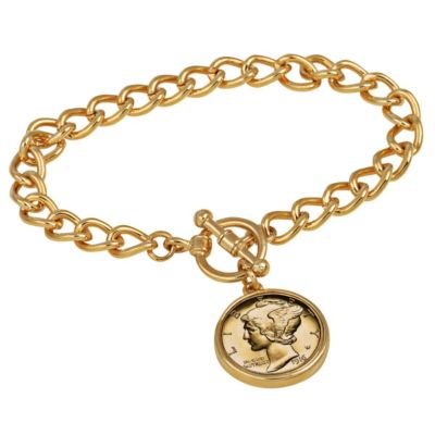 Upm Global 15258 7 In. 24Kt Gold Plated Silver Mercury Dime Goldtone Coin Toggle Bracelet