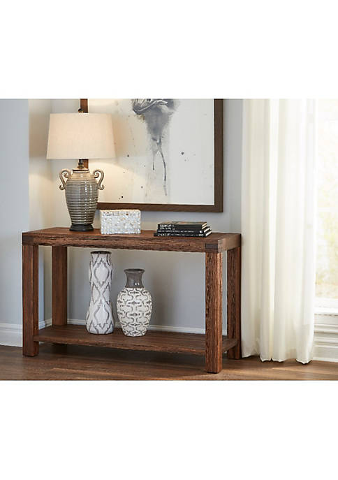 Rectangular Console Table with Tenon Corner Joints and Bottom Shelf , Brick Brown