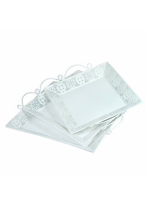 Beautifully Designed Metal Tray With Handle, Set Of 3, White