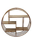 Round Metal Framed Wall Shelf with Four Wooden Display Spaces, Gold and Brown