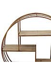 Round Metal Framed Wall Shelf with Four Wooden Display Spaces, Gold and Brown