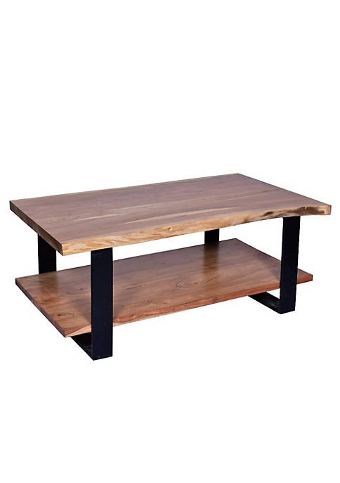 42 Inch Industrial 2 Tier Live Wood Edge Coffee Table, Rectangular, Brown