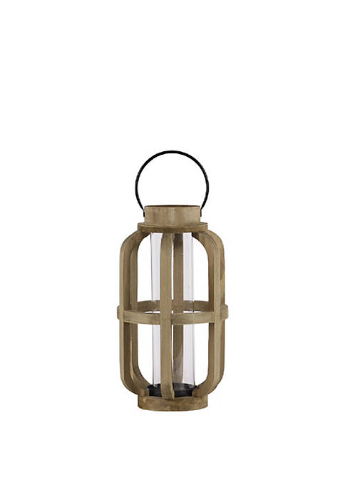 Wood Cylinder Metal Handle Lantern With Hurricane Candle Holder, Small, Brown