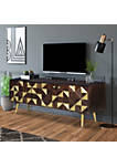 56 Inch Wooden TV Console with Geometric Front 3 Door Cabinets, Brown and Gold