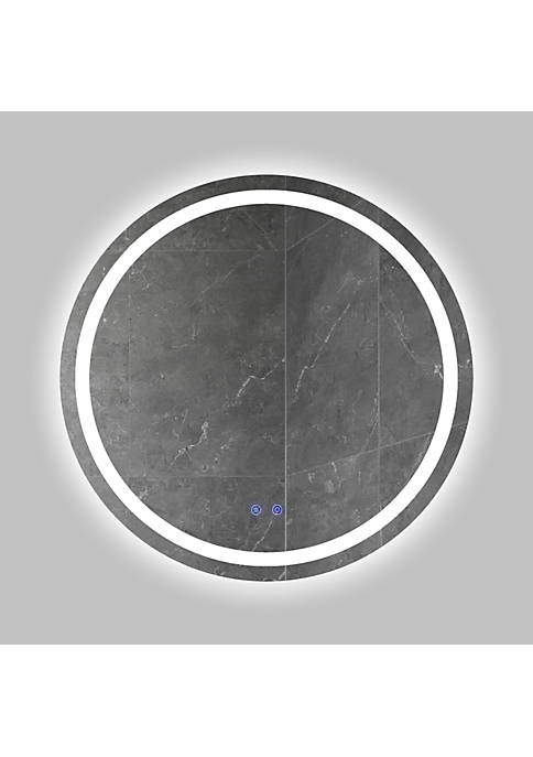 32 x 32 Inch Round Frameless LED Illuminated Bathroom Mirror, Touch Button Defogger, Metal, Frosted Edges, Silver