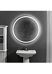 32 x 32 Inch Round Frameless LED Illuminated Bathroom Mirror, Touch Button Defogger, Metal, Frosted Edges, Silver
