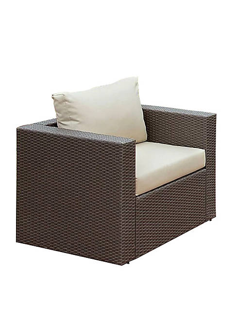 Faux Rattan Arm Chair with Seat & Back Cushions, Gray And Ivory