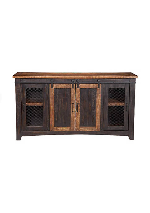 Dual Tone Wood and Metal TV Stand With 2 Mesh Style Doors, Antique Black and Brown