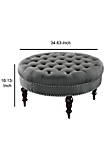 Fabric Upholstered Round Tufted Ottoman with Wood Legs, Gray and Black