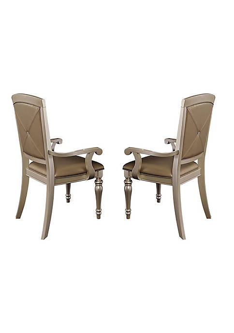 Wood & leather Dining Side Arm Chair With Crystal Tufting, Silver, Set Of 2