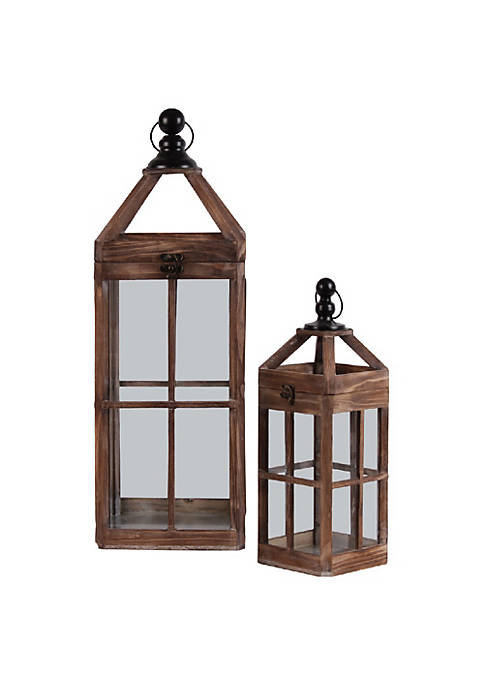Wooden Square Lantern With Metal Round Finial Top, Ring Handle, Set of 2, Brown