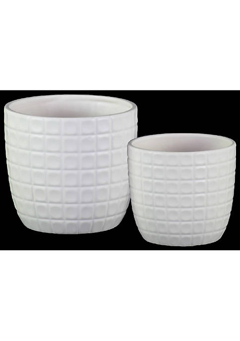 Round Shaped Ceramic Pot with Embossed Lattice Square Design, White, Set of 2