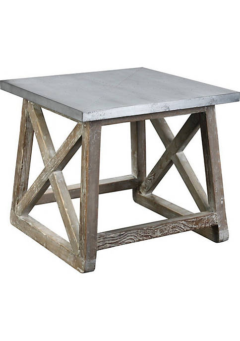 Metal Top Side Table with Cross Design Side Frame, Gray and Brown
