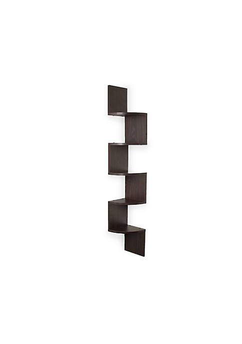 Laminated Zig Zag Design Wooden Corner Wall Shelf, Large, Walnut Brown