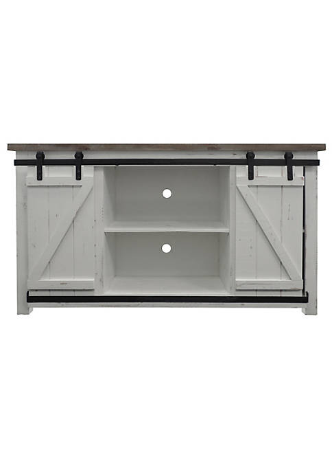 69 Inch Wooden Media Console with Barn Style Sliding Door, Brown and White