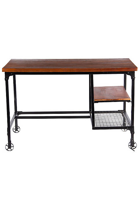 Industrial Style Wood and Metal Desk with Two Bottom Shelves, Brown and Black