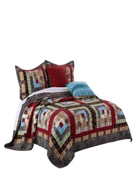 Duna Range Thames 5 Piece Queen Size Cotton Quilt Set With Log Cabin Pattern, Multicolor