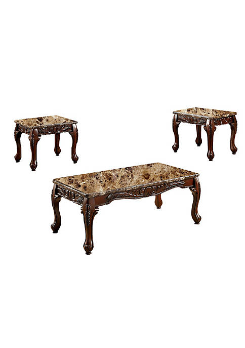3 Piece Occasional Wooden Table Set with Marble Top, Brown